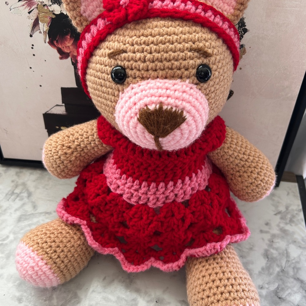 Crochet Teddy Bear with Red Dress- Handmade - Picture 2 of 4